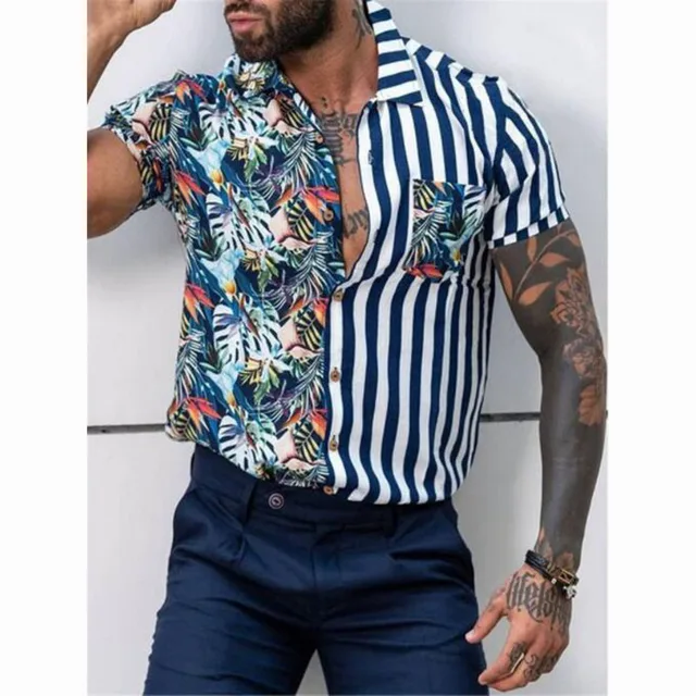Men's Shirts Summer Fashion Trend Striped Floral Contrast Splicing Printed Hawaiian Beach Holiday Casual Short Sleeve Shirts Photo Color