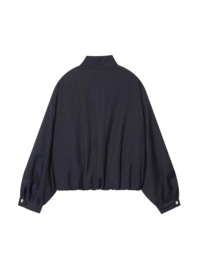 Spring New Women Fashion Striped Bomber Jacket Long Sleeves Stand Collar Loose Fit Short Coat Female Chic Pockets Jacket