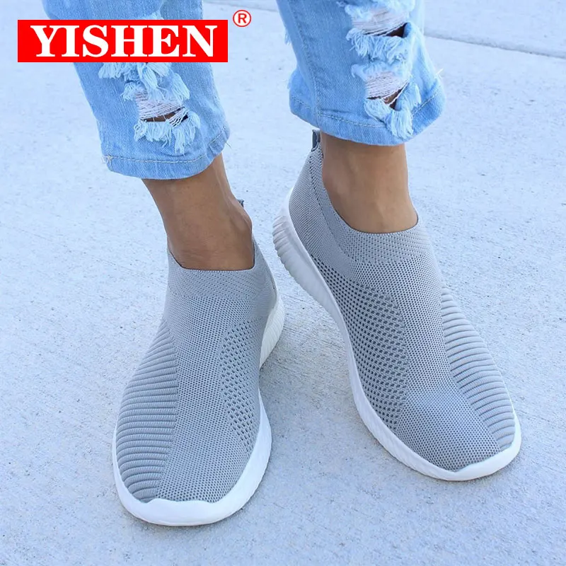 YISHEN Women Shoes Sneakers Knitting Vulcanized Sock Shoes Slip On Casual Shoes Flat Footwear Tennis Walking Krasovki Famela