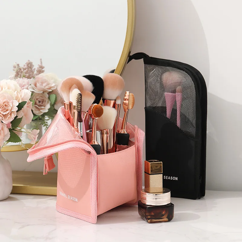 Foldable Makeup Brush Storage Bag Travel Cosmetic Portable Organizer Zipper Makeup Pouch Breathable Brushes Holder Stand-Up Bag 6