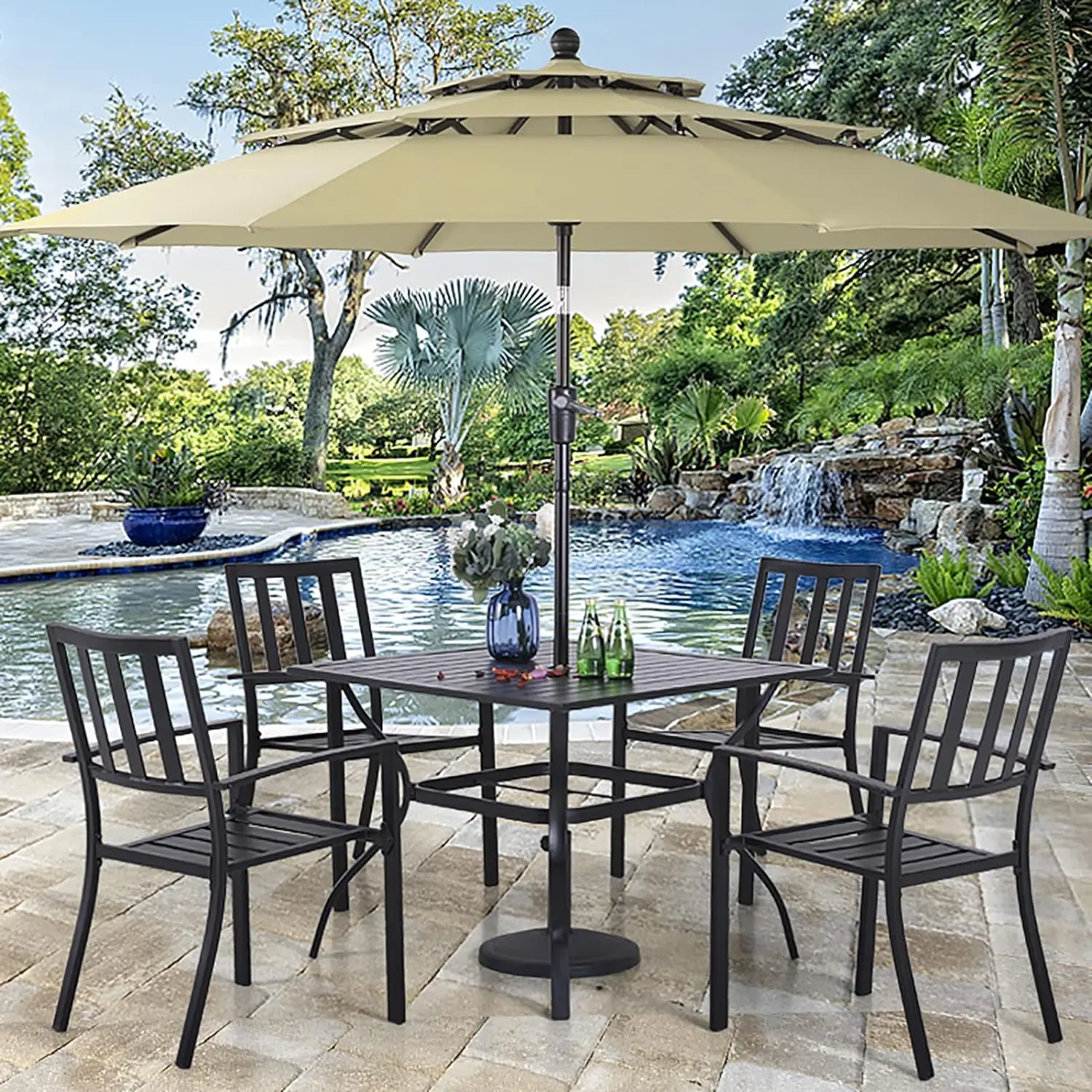 5 Piece Outdoor Dining Table Set for 4, 37&rdquo; Square Metal Dining Table with Umbrella Hole