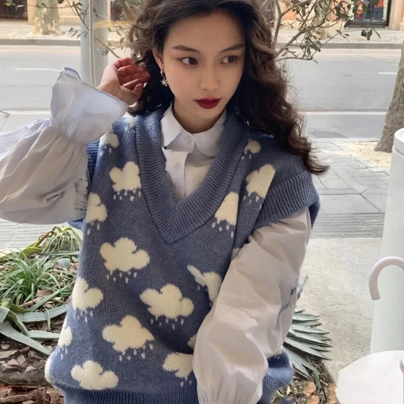 

Autumn Women Sleeveless Knitted Pullover Sweater Vest Cloud Print V-neck Sweater Korean Loose Knit Vest Top Winter Clothes