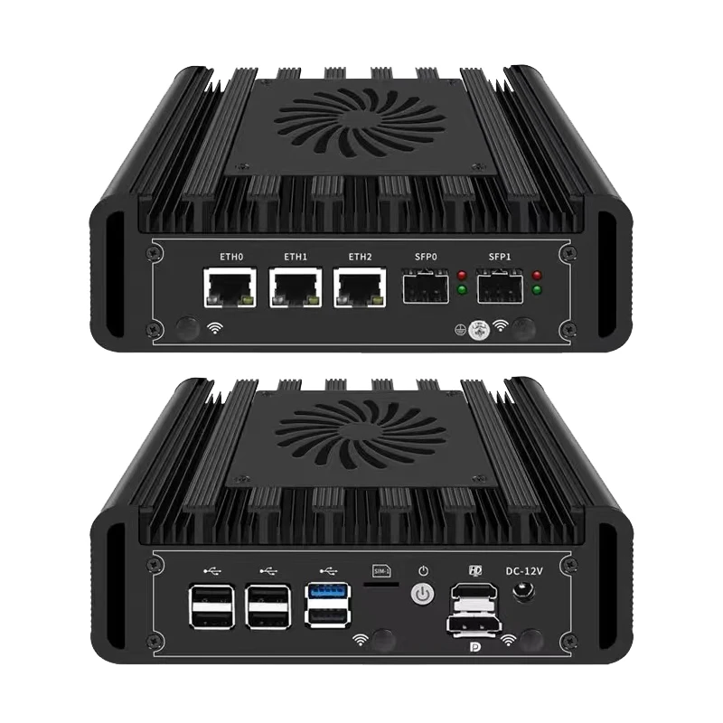 Industrial Mini PC Intel N100 Quad-Core DDR5 Dual 10G SFP+ 3×2.5G Ports Dual 4K NAS/Router Solution SIM Slot/WiFi 6 Support 2
