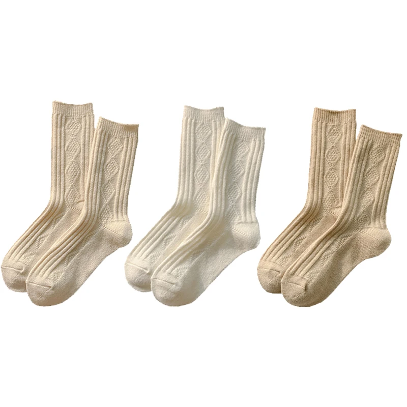 Women's Winter Cashmere Wool Socks - 3 Pairs Set, Thicken Warm Thermal, Japanese Fashion Solid Colors