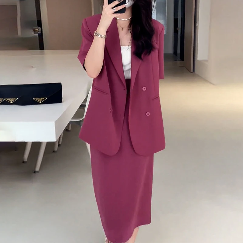 

Two Piece Set Women Summer 2 Piece Sets Short Sleeve Blazers Coats Tops And Pencil Skirt Office L-5XL Matching Set For Women