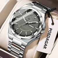 POEDAGAR Fashion Men Wristwatch Stainless Steel Waterproof Luminous Man Clock Date Week Quartz Business Men's Watches Male Reloj
