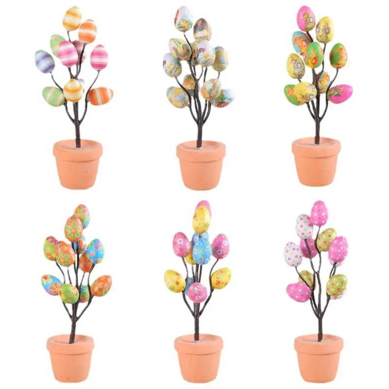 Colorful Easter Eggs Tree Branch DIY Painting Foam Bunny Eggs 2024 Easter Decoration For Home Kids Gift Party Fake Flower Plants