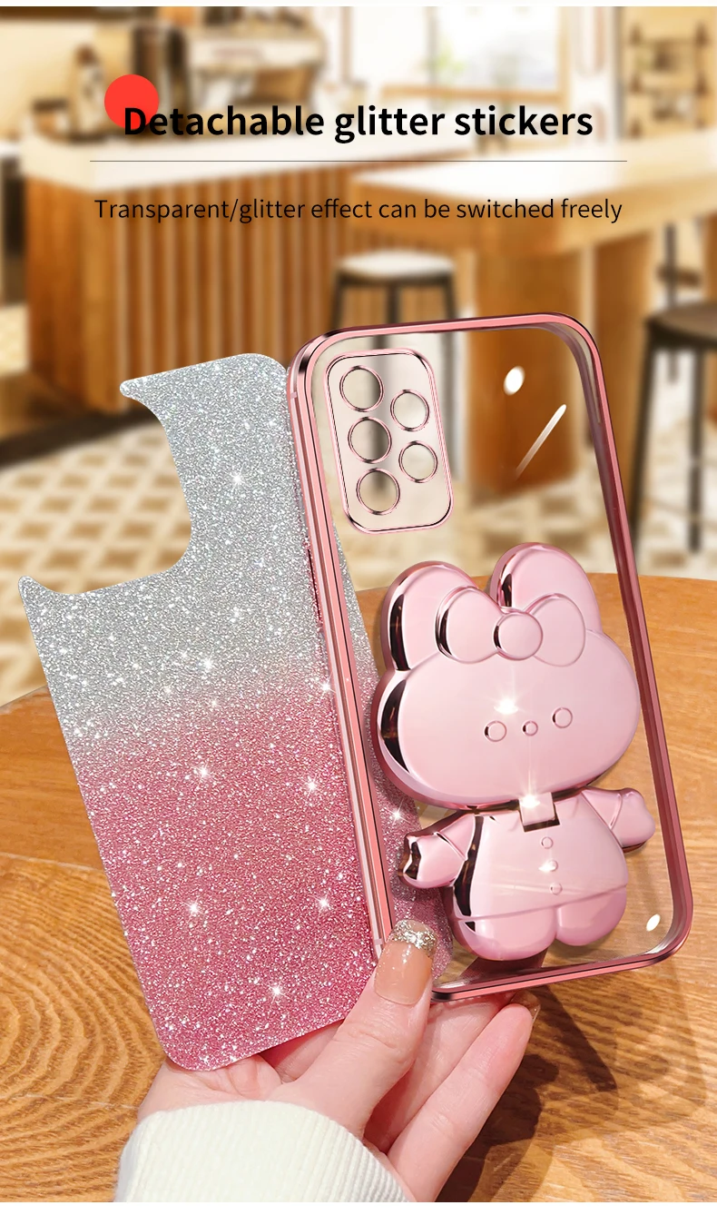 A 72 52 32 a53 Glitter Rabbit Makeup Mirror Holder Case For Samsung Galaxy A53 A32 A33 A73 A72 A12 A52 A13 A23 4G 5G_voghion.com