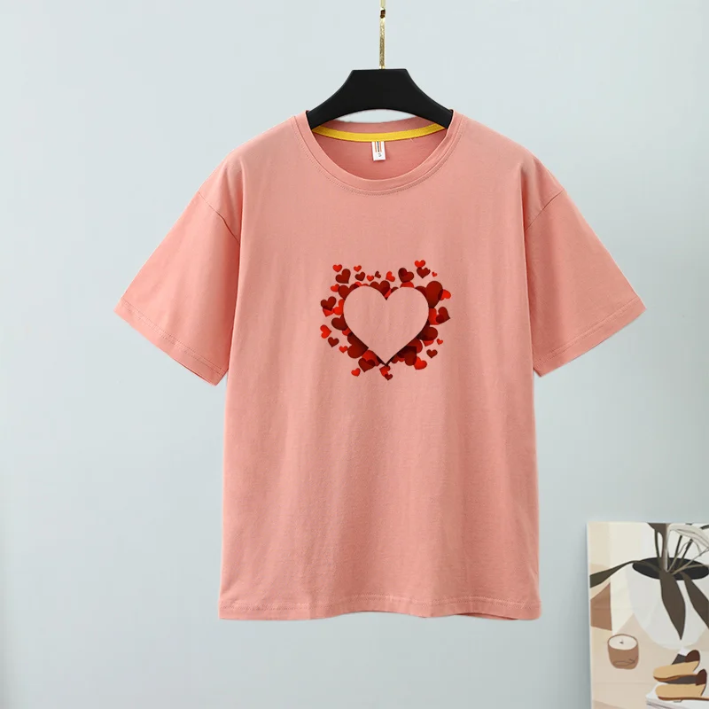Short Sleeve T-shirts Women Heart Print O-neck Soft Casual Female Tees T-shirt 2022 New Summer Loose Fashion Basic Ladies Tops |