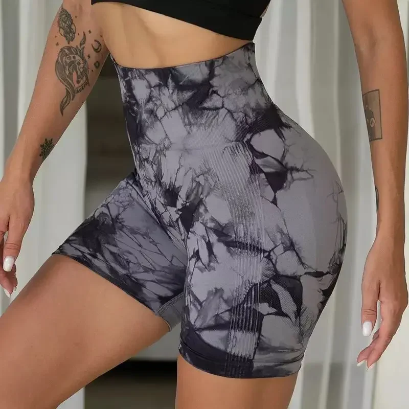

Tight Shorts Women Tie Dyed Three Part Fitness with High Waist Hip Lifting Run Abdominal Tighten Yoga Half Pants Summer 2024 New