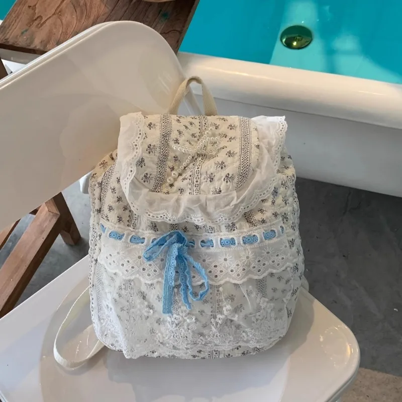 MBTI Cute Womens Backpack Elegant Lace Floral Patchwork Fashion Pleated Aesthetic Backpacks Bow Female Sweet Kawaii Female Bag 4