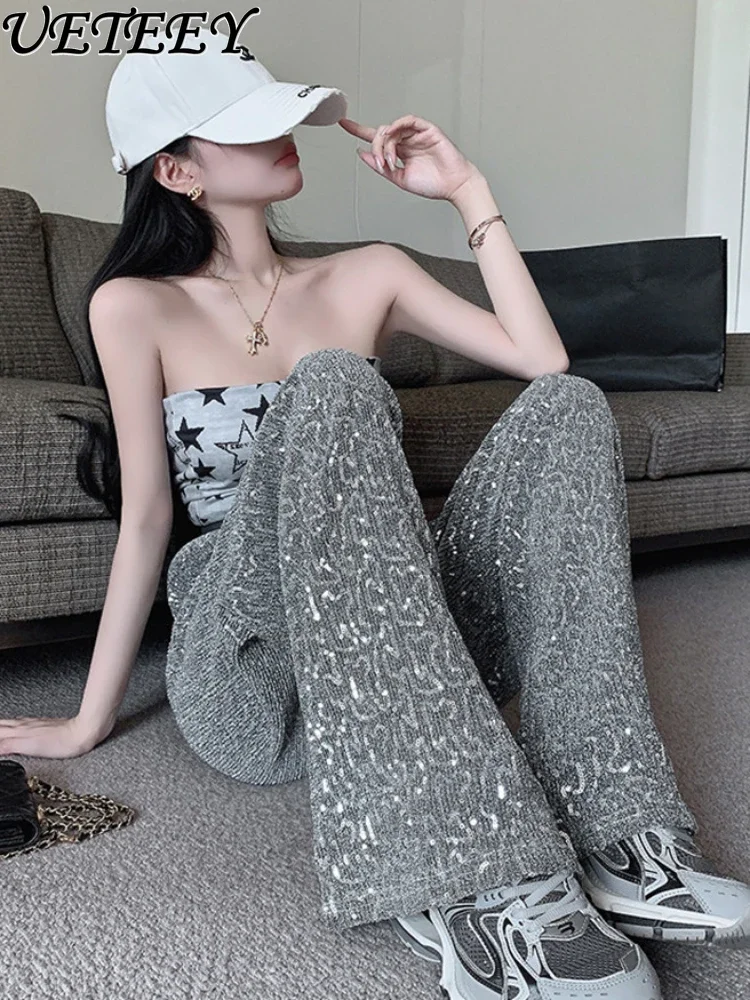 

Sequined Wide-Leg Pants for Women 2023 Early Autumn New Loose Casual High Waist Trousers Drooping Shiny Straight Mopping Pants