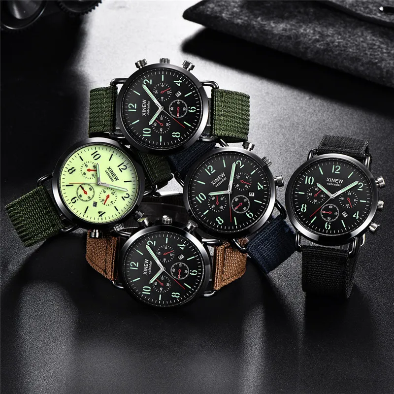 Students XINEW Brand Watches Men Boys Fashion Nylon Band Sports Army Date Quartz Watch Black Erkek Barato Saat Montre Homme 2024