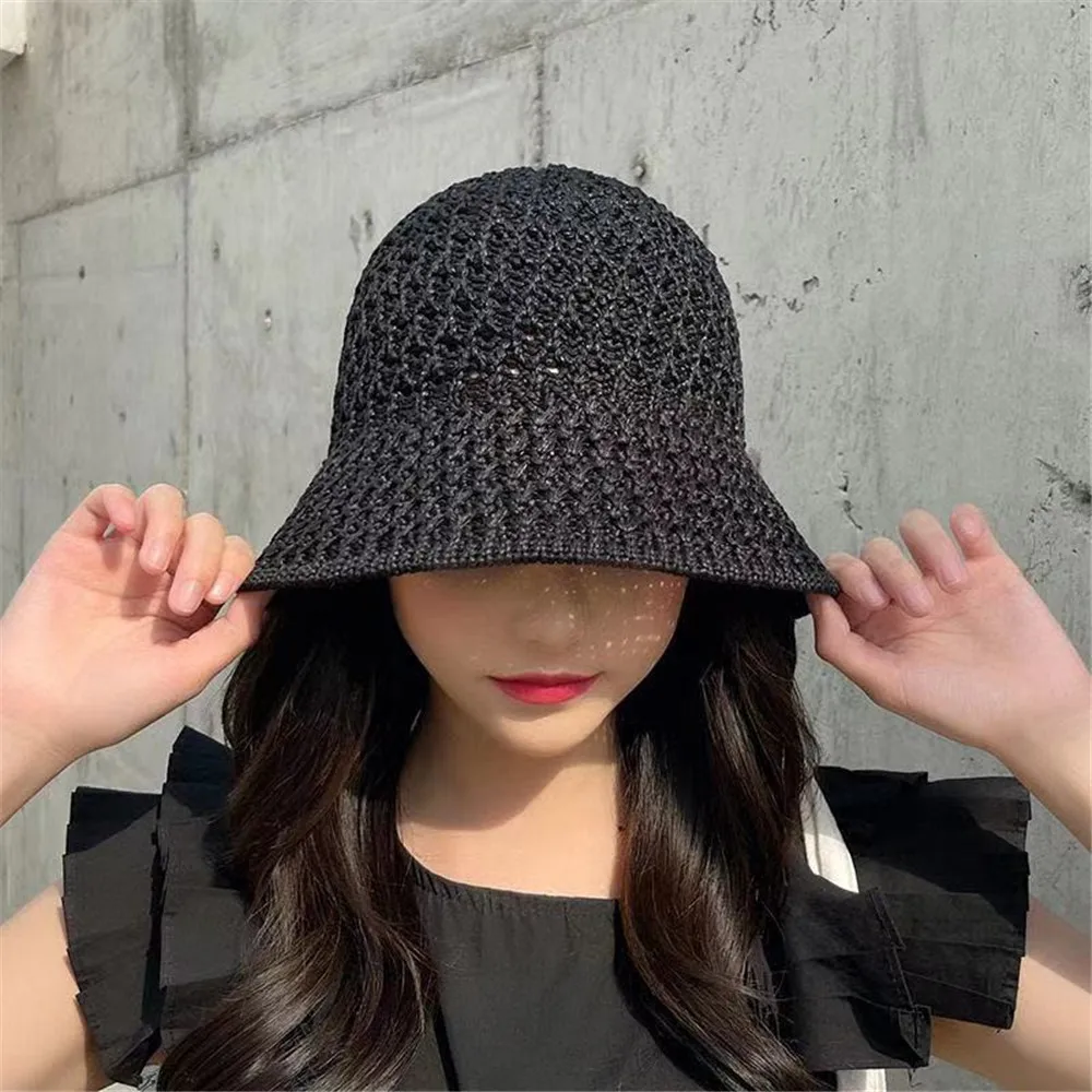 

Fashion Bucket Hat Wide Brim Floppy Knitted Hollow Out Fisherman Hat Women Beach Panama Basin Hat Female Outdoor Casual Sun Hat