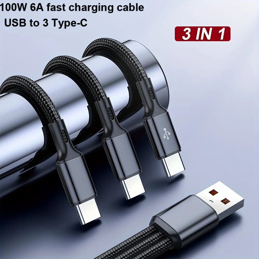 100W USB Fast Charging Cable 6A 3 in 1 USB Type C Data Cord For Samsung Xiaomi Huawei Vivo OPPO Redmi Quick Charge USB C Cables