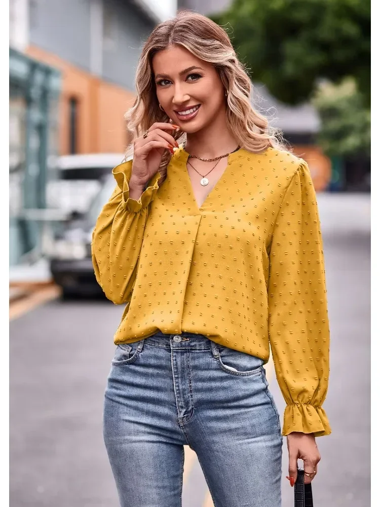 

Jacquard Chiffon Blouse Autumn New Elegant Fashion Office Lady V-neck Tops Flare Long Sleeve Shirts Women Vintage Loose Clothes