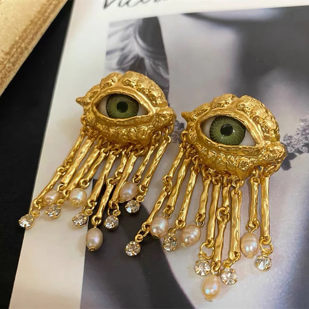 See59be115d694b8bb66e831ceac33f7eZ French Retro Unique Personality Exaggerated Eyes And Earrings Pearl Rhinestone Tassel Earrings Women's Jewelry Party Accessories Mallzona