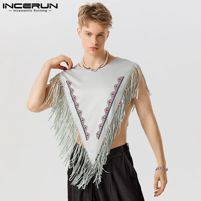 

Fashion Casual Style Tops INCERUN New Men Shawl Long Tassel Vests Stylish Ethnic Style Male Printing Hot Selling Waistcoat S-5XL