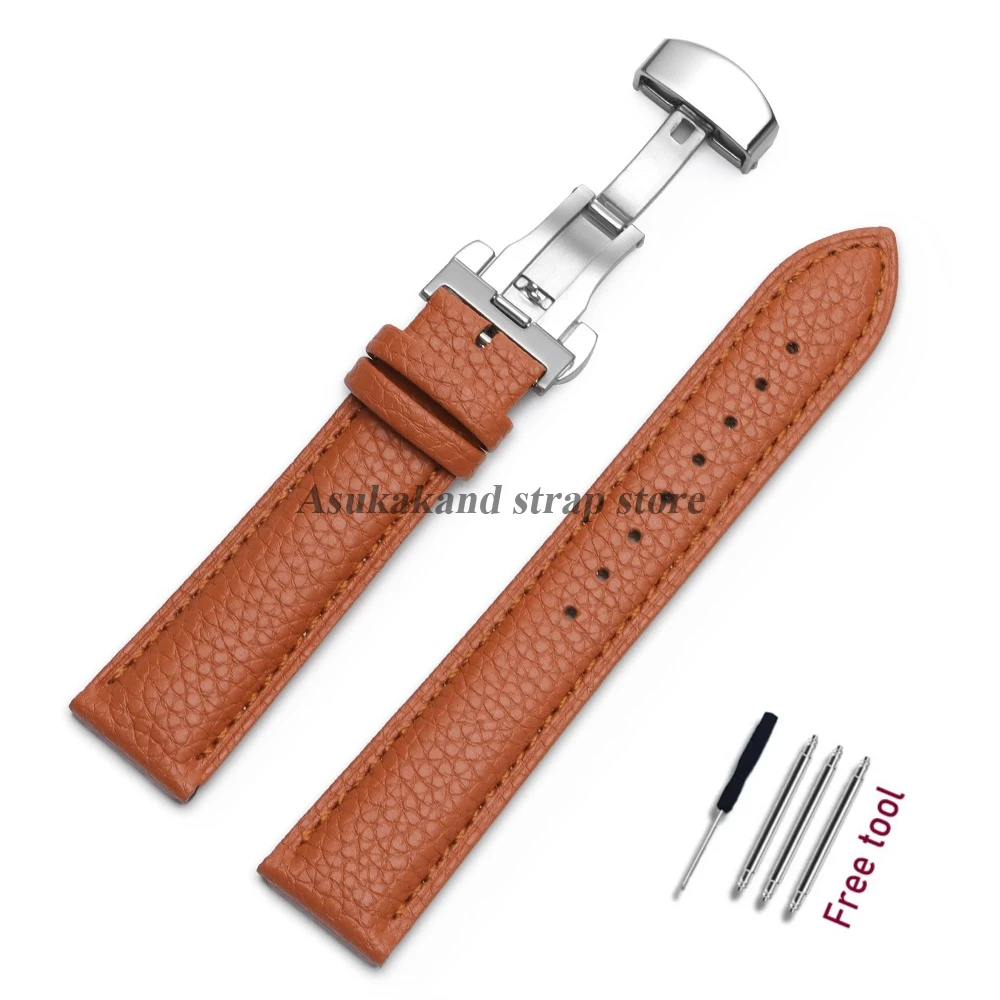Premium Calfskin Litchi Leather Watch Strap with Butterfly Buckle