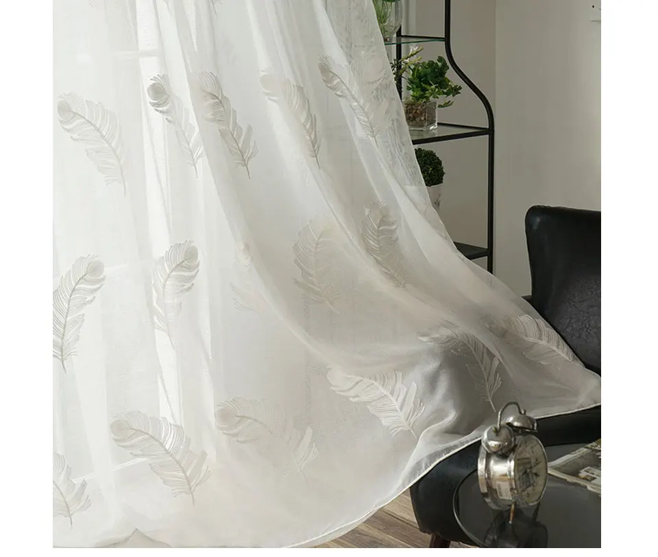 Modern Embroidered Feather White Tulle Curtains For Living Room Linen Window Sheer Voile Curtain For Bedroom Kitchen Drapes