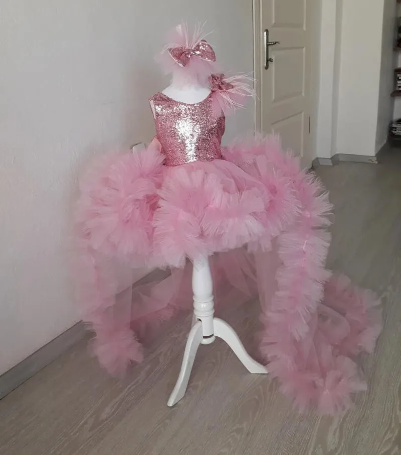 

Sequined Glitter Pink Flower Girl Dress Sleeveless Little Princess Wedding Party Gown First Birthday Gown with Long Tail
