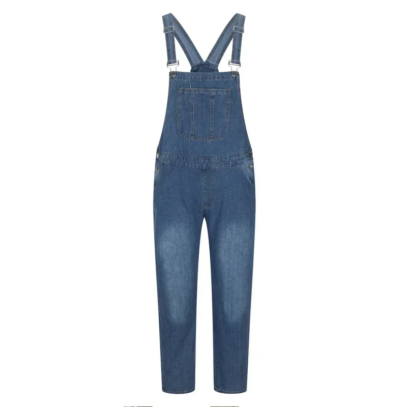 Spring/summer men's jeans small leg suspenders one-piece high-waisted solid color plus size personality blue long suspenders