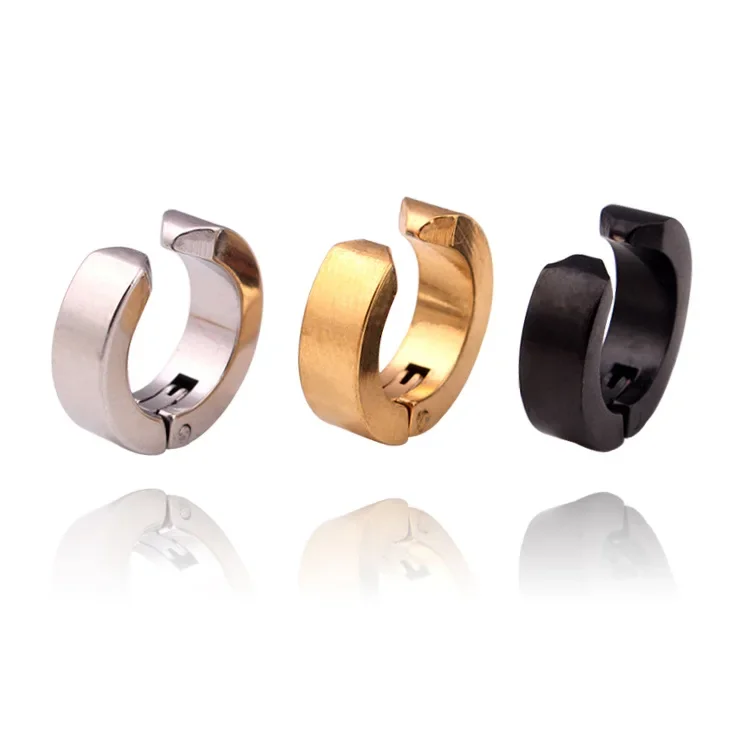 

Fashion Punk Men Color Gold Black Blue Color Stainless Steel Round Fake Non-piercing Hoop Huggie Earrings Cuff Earrings Jewelry