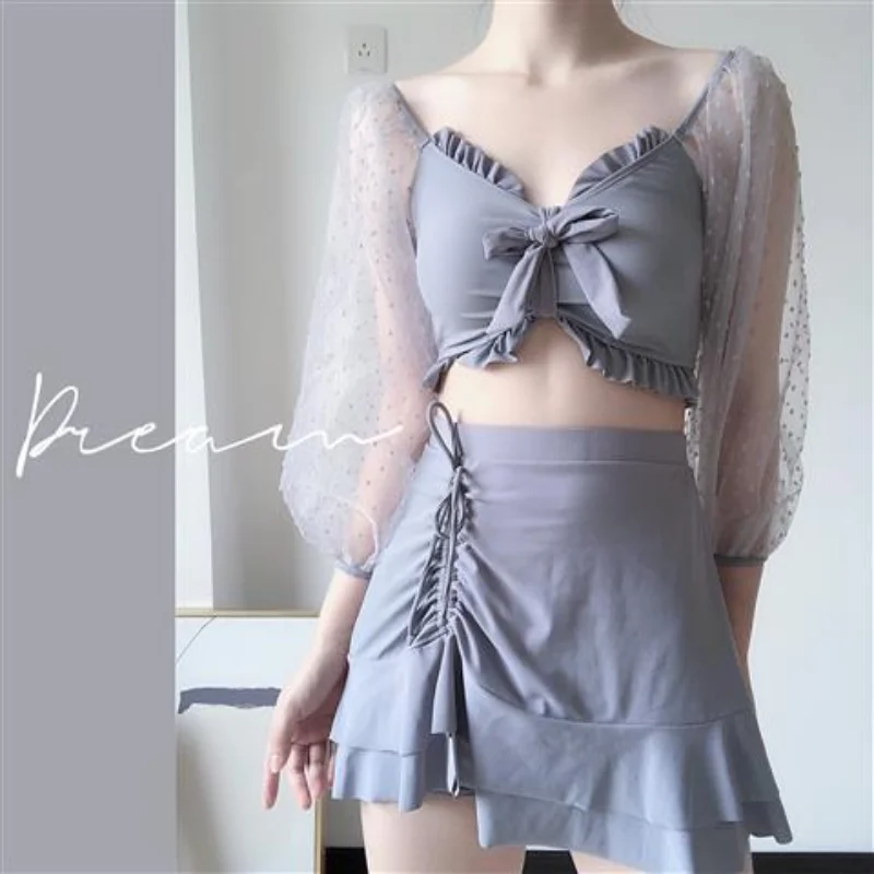 2023 New Temperament Women's Clothing Fashion High End Conservative Thin Solid Color Long Sleeve Sun Protection Split Swimsuit