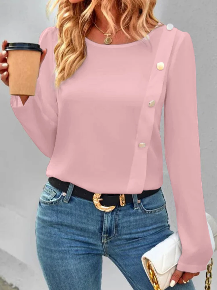 

Women's Clothing Button Pullovers Crewneck Shirt Casual Long SleeveTops Autumn Winter Fashion T-shirt New in Women Blouse Tee