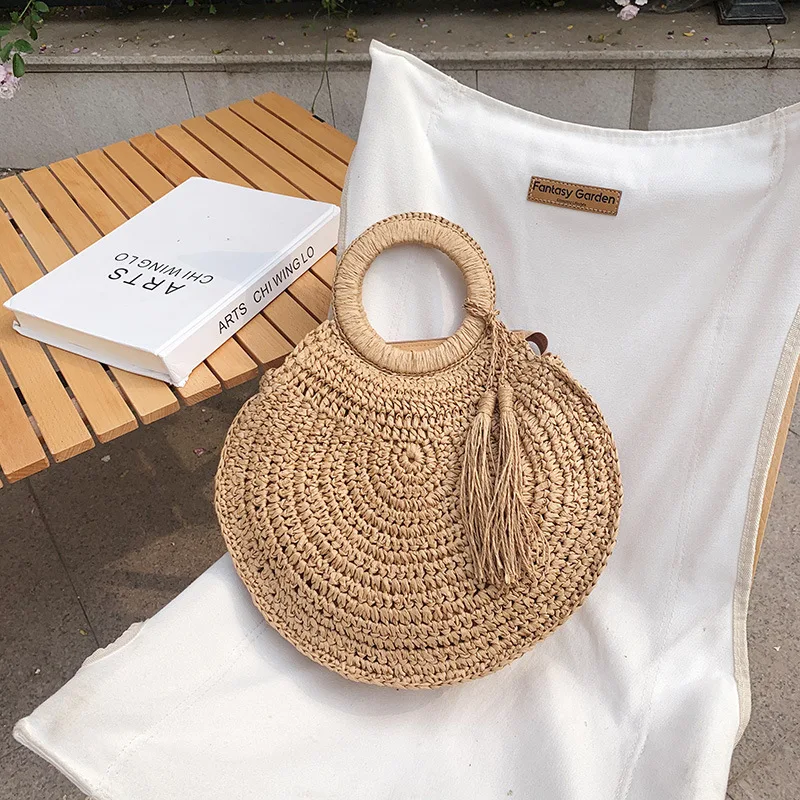 Summer Women Round Straw Bags Rattan Shoulder Bag Handmade Woven