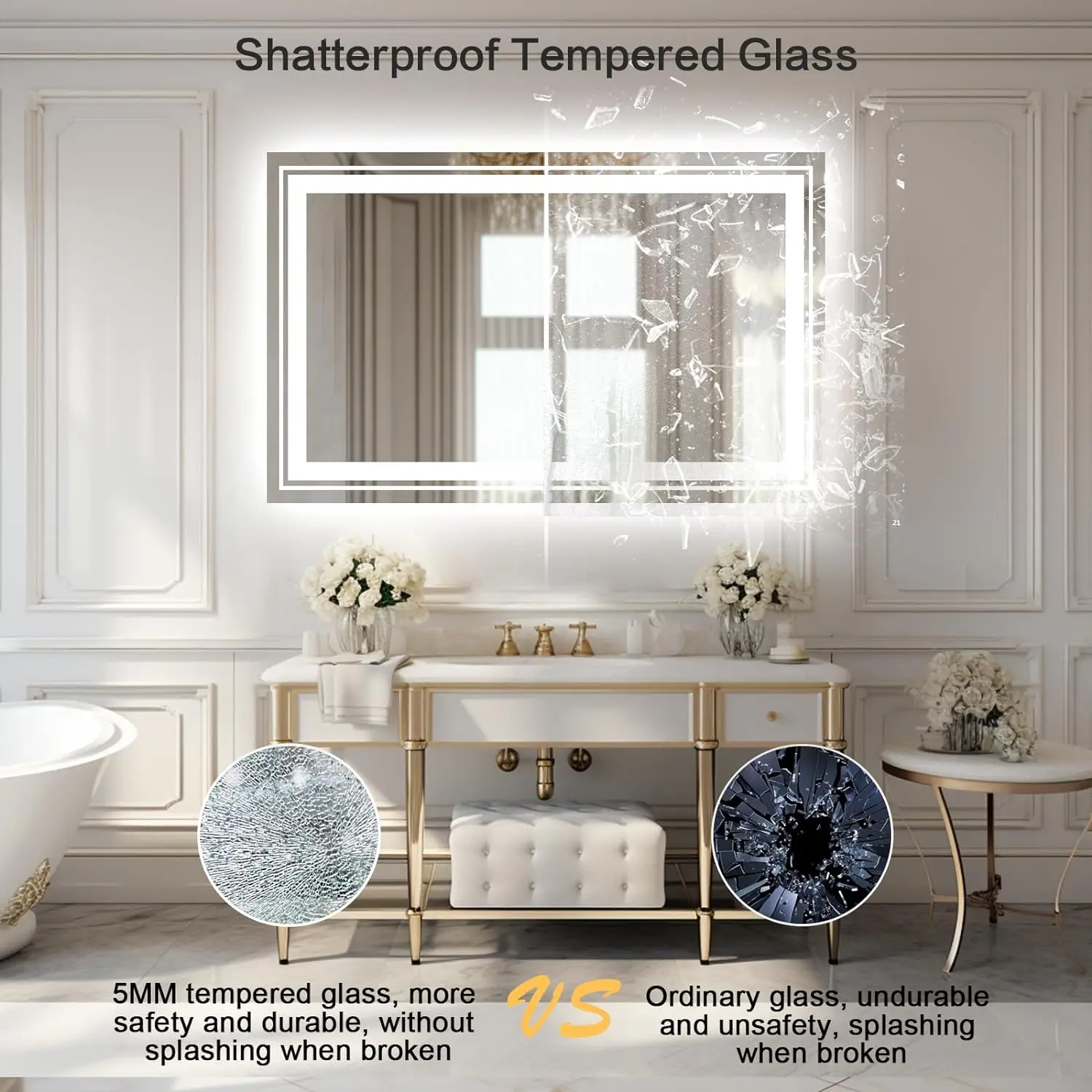 LED Mirror with Lights Backlit and Front Lighted Bathroom Vanity Mirrors for Wall, Anti-FogDimmable Wall Mirrors for Bathroom