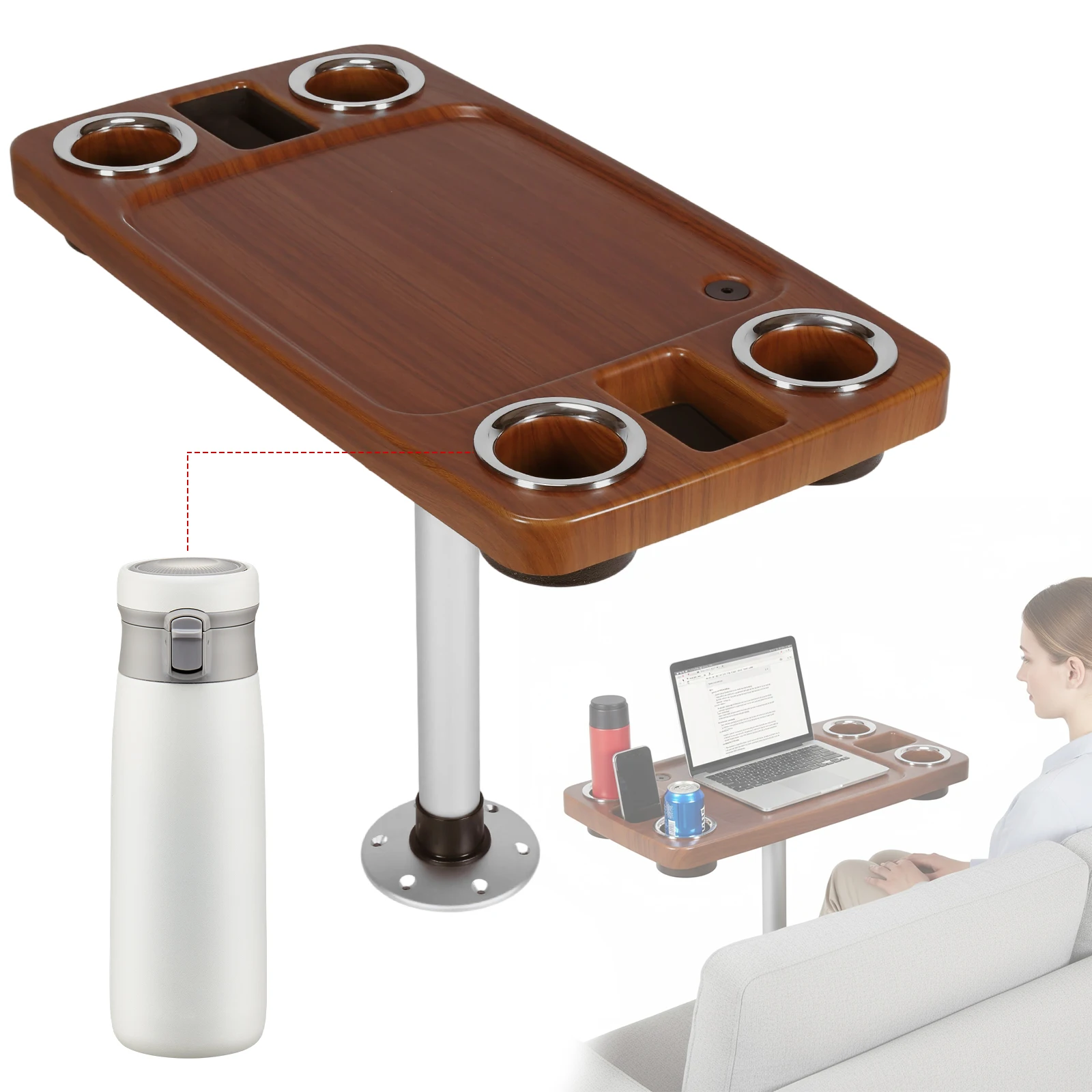 Marine Teak Lacquered Dining Table 4 Drink Holders 2 Phone Stands 34X18 Inch Boat Table Pedestal Set Plastic Ship Accessories