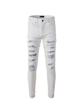  Mens White Distressed Streetwear Fashion Slim Fit Stretch Embroidered Damaged Tie Dye Bandana Rib Patch Ripped Skinny Jeans 