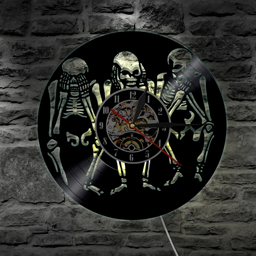 Teschi See No Hear No Speak No Evil Orologio Da Parete Saggezza Dei Teschi Wall Art Orologio Da Record In Vinile Orologio Decorativo Di Halloween