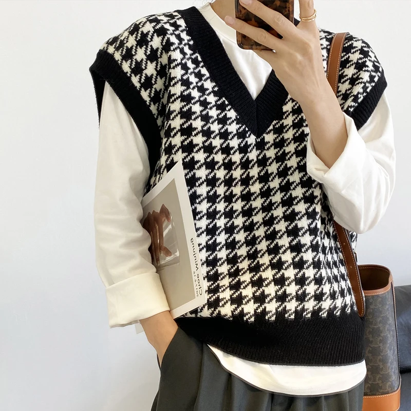 Eleganter Hahnentrittmuster-Pullover mit lockerem Strick, Herbst, V-Ausschnitt, ärmellos, dick, lässig, für Damen, schicke Tops_voghion.com