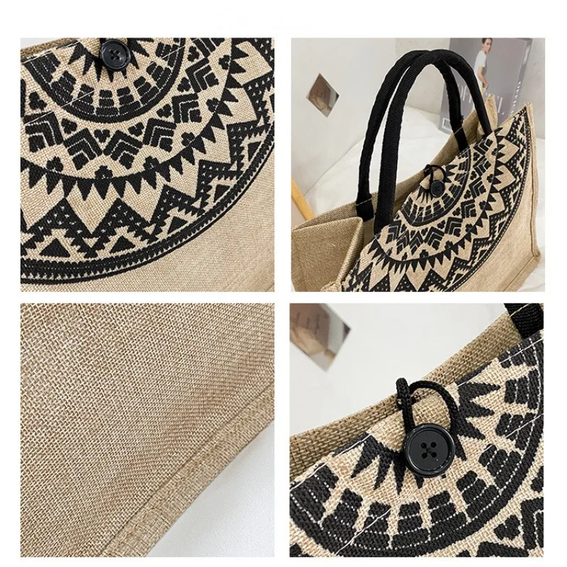 Women Handbag Top-Handle Bag Linen Casual Tote National Style Canvas Commuter Underarm Pack Large Capacity Shoulder Shopping Bag