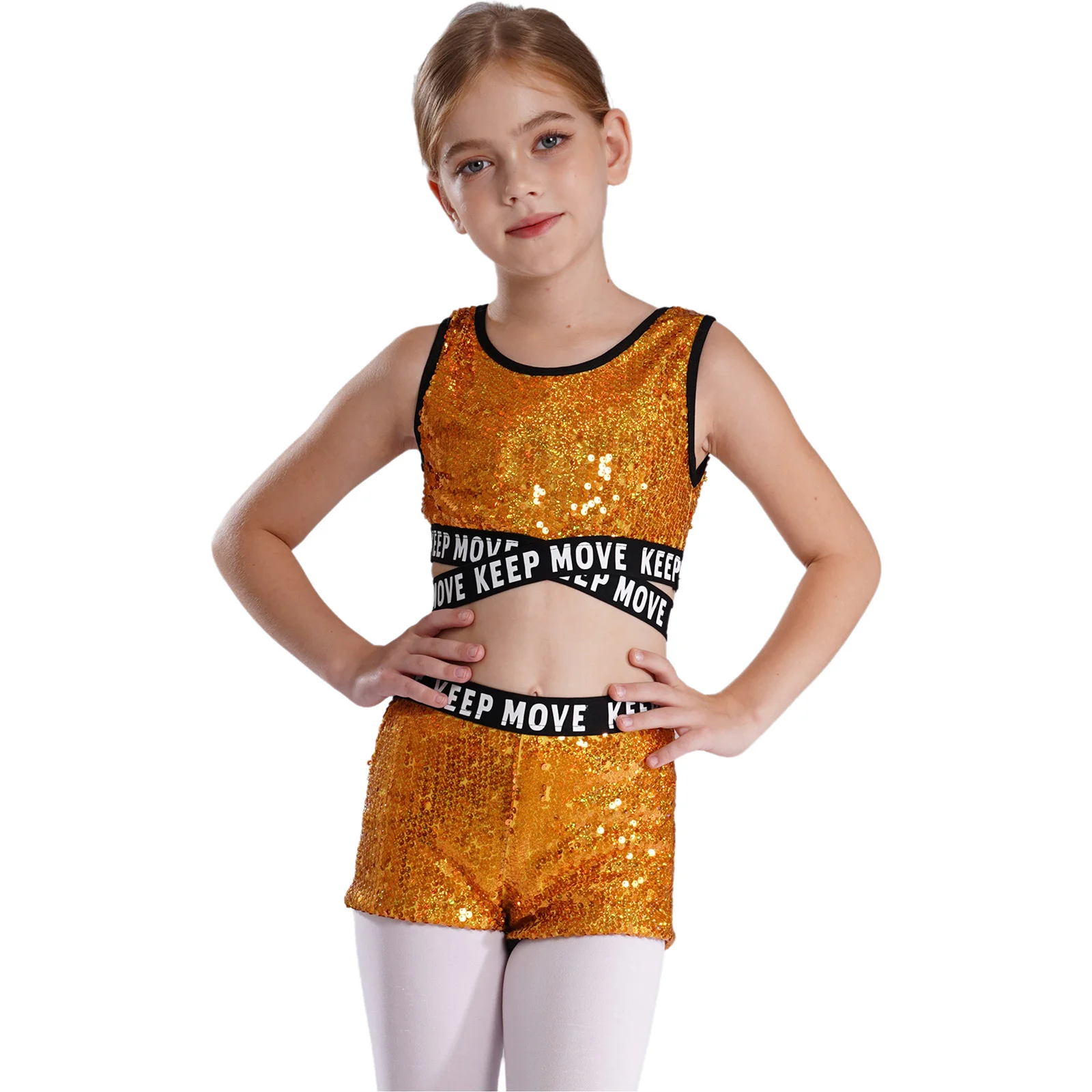 Kinder Mädchen Glänzende Pailletten Jazz Dance Outfits Ärmelloses Brief Drucken Träger Crop Top mit Shorts Bühne Performance Dancewear – Detail 3