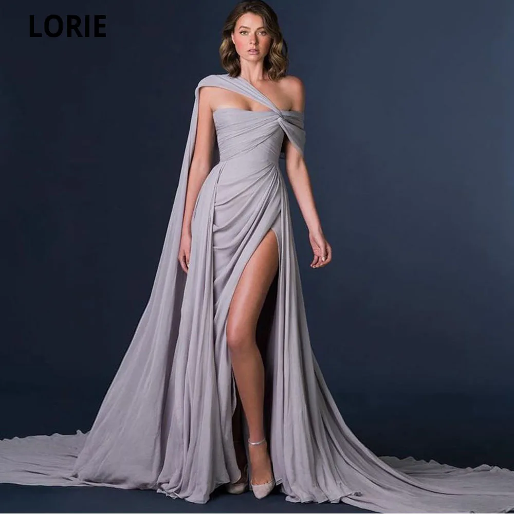LORIE Mermaid Chiffon Mermaid Evening Dresses One Shoulder Cape Pleats Arabic Prom Party Gowns Leg Slit Robes De Soir&eacute;e