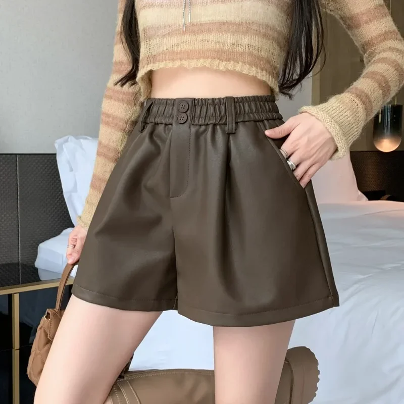 PU Leather Shorts Women Elastic High-waisted Solid Color Loose A-line Wide-leg Office Lady Versatile Basics Daily Shorts Female