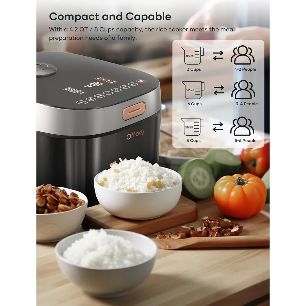 Rice Cooker Maker 8 Cup Uncooked 8 Preset Programs, Smart Fuzzy Logic, LED HD Display, Auto Keep Warm, Quick Cook, Black 6