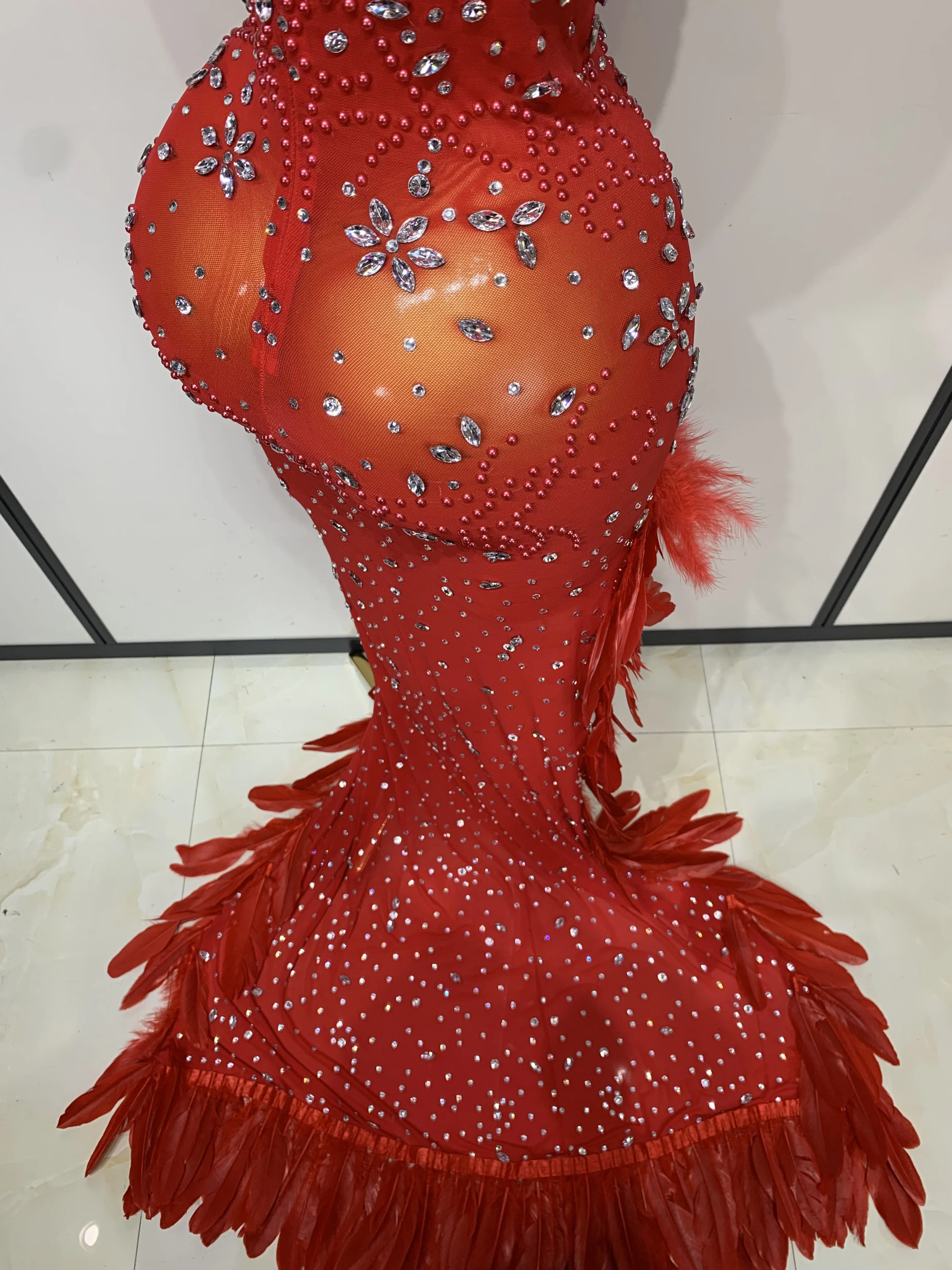 Women Sparkly Rhinestone Feather Mesh Transparent Maxi Long Dress Sexy Backless Birthday Evening Party Singer Stage Costume