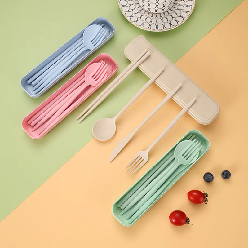 4pcs/set Japanese Wheat Straw Portable Tableware Set Knives Forks Spoons Chopsticks Outdoor Camping Tableware Set for Children