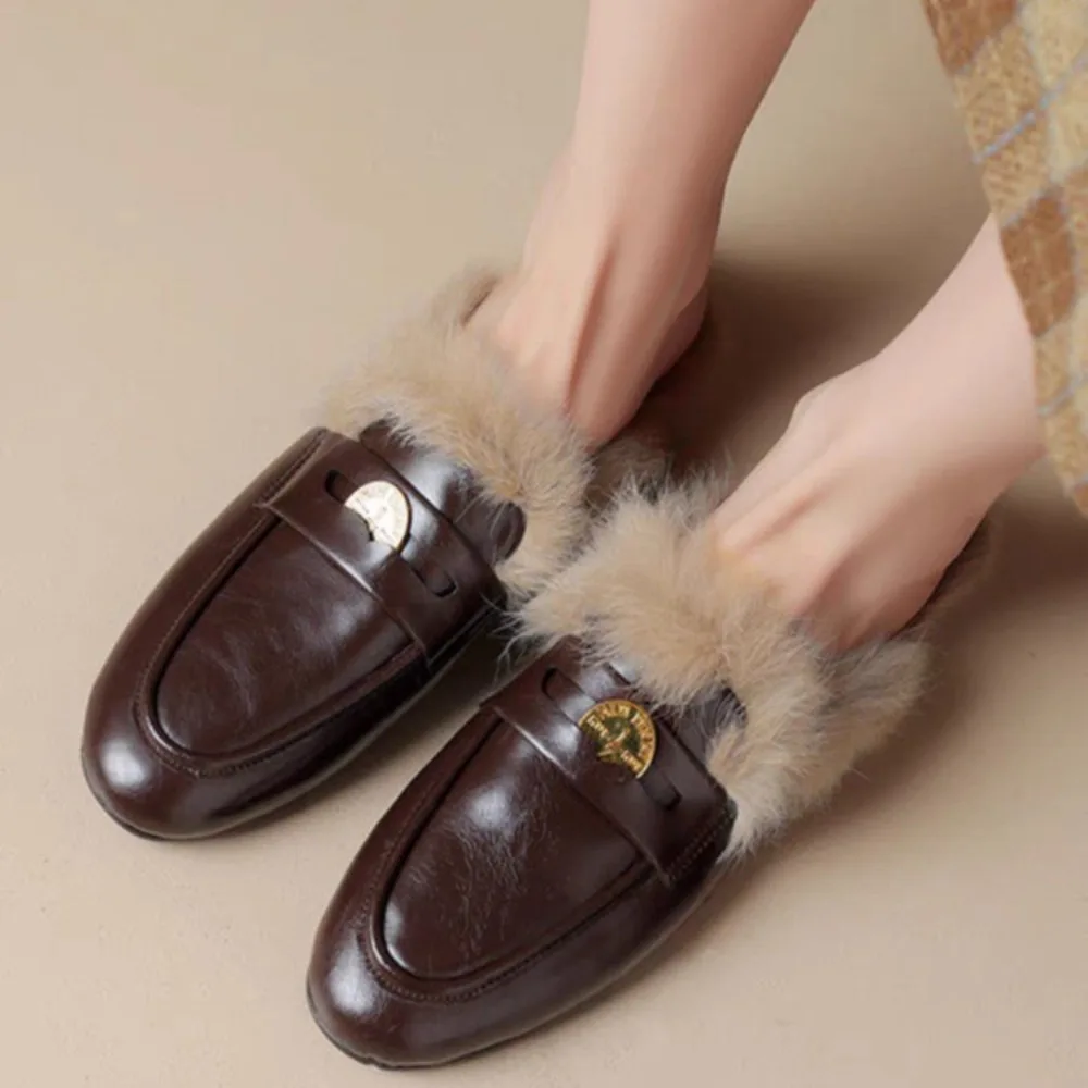 Autumn and Winter New Outwear Baotou Fur Slippers for Women's Genuine Leather Rabbit Hair Lazy Man Flat Bottom Half Trailer 2