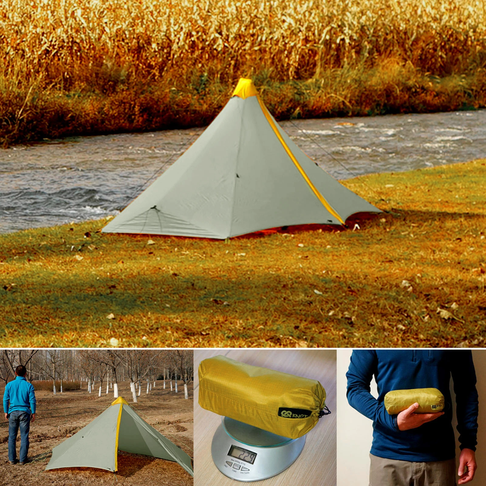 Ultralight 410g Outdoor Camping Tent 20D Nylon Two-side Silicone Coated Rodless Pyramid Flysheet 4-Season 2 Window Tent 1 Person