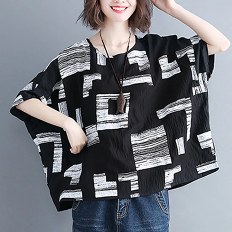 

2024 Women Large Size Retro Style Printing T-shirt Summer Loose Round Neck Color Blocking Short Sleeved Casual Affordable Tops