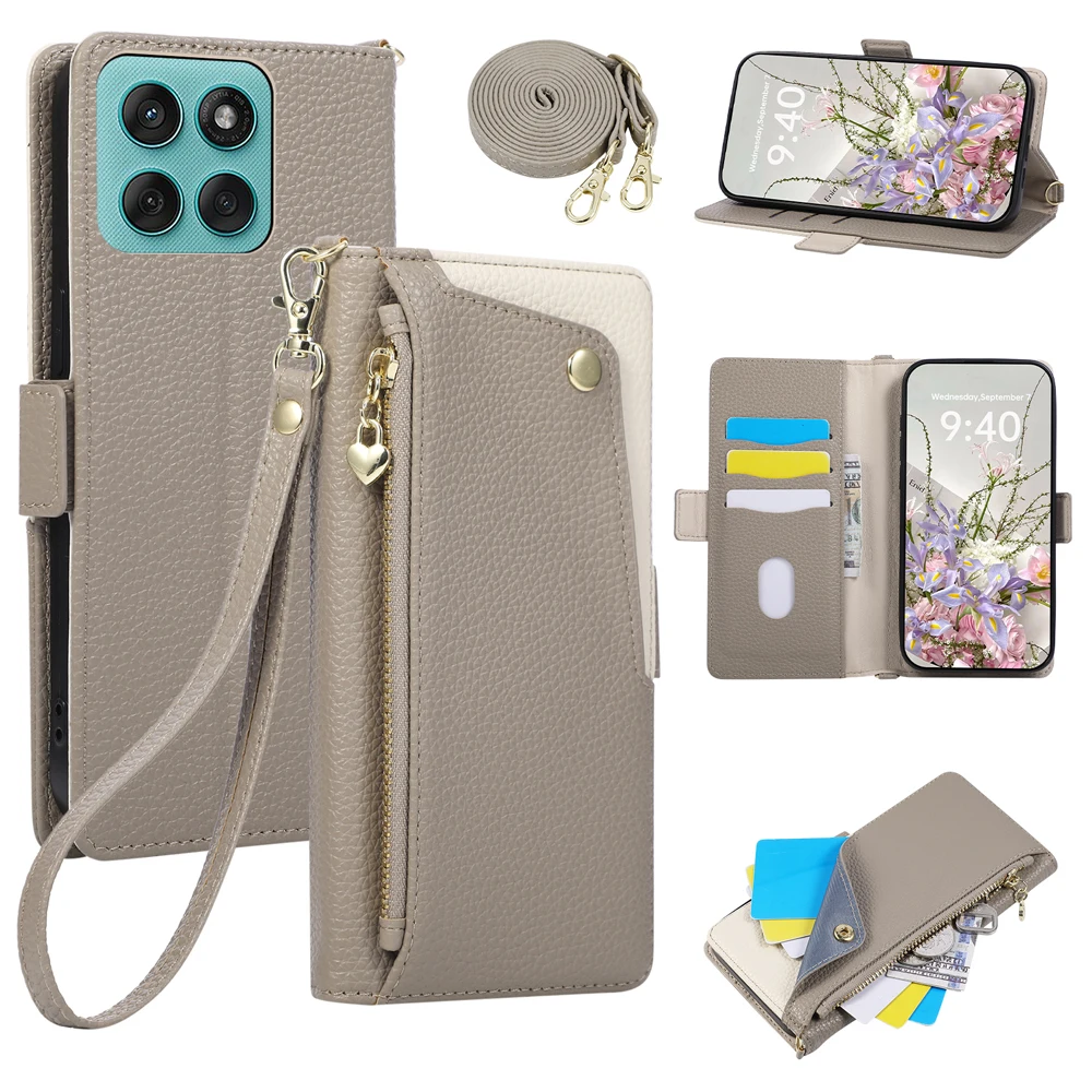 Elegant PU Leather Flip Wallet Phone Case with Lanyard Wrist Strap Cover