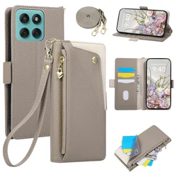 Elegant PU Leather Flip Wallet Phone Case with Lanyard Wrist Strap Cover - Edge 70 Fusion Plus (Brown)