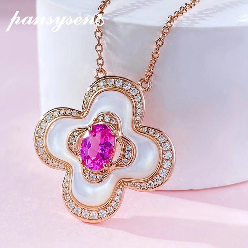 

PANSYSEN Luxury 925 Sterling Silver 5x7MM Oval Cut Sapphire Pinctada Albina Pendant Necklaces for Women Wedding Party Jewelry