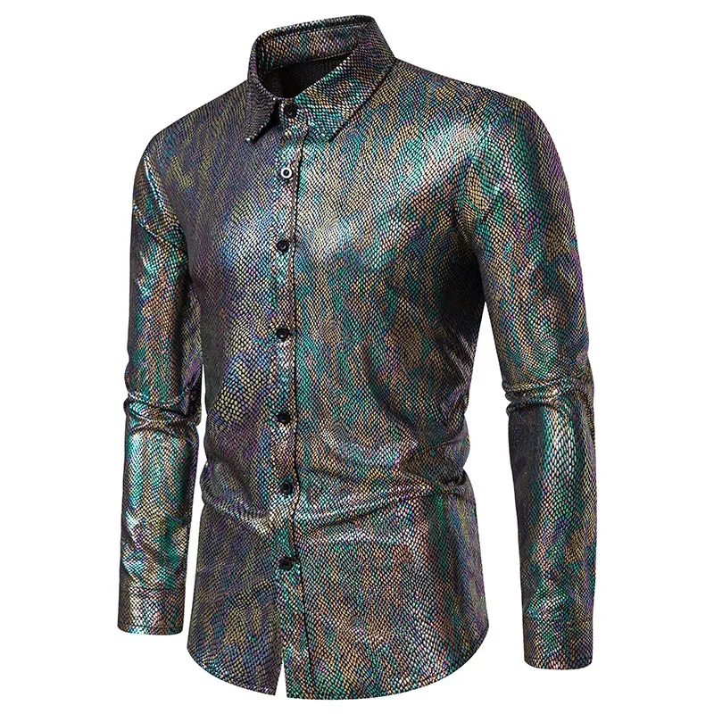 Description Picture 3 of itemLuxury and Fashionable Men's Sequin Metal Dress 2024 New Long Sleeved 70's Disco Party Shirt Stage Performance Men's Shirt