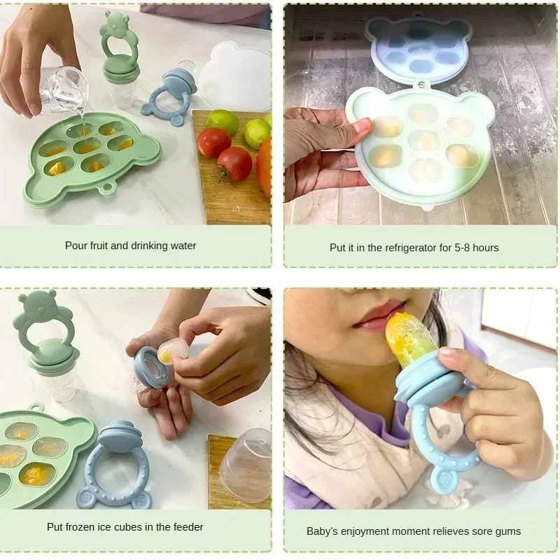 2pcs Bear Set Bites Fruit Feeder Breastfeeding Freezer Tray Food Soup Silicone Freezer Tray Silicone Popsicle Moulds fruit food feeder